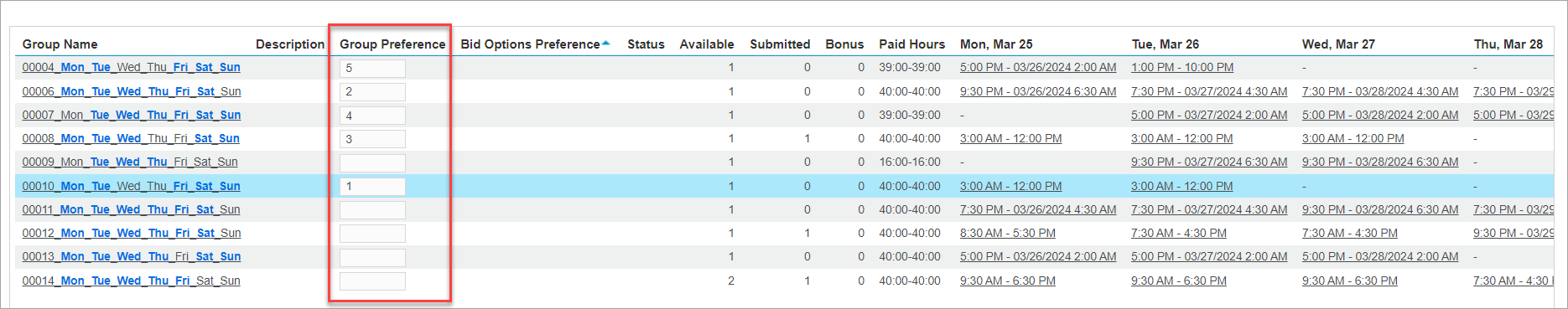 Full Schedule Period - Group Preference