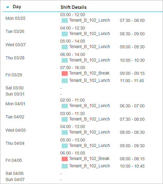 Full Schedule Period - Shift Details